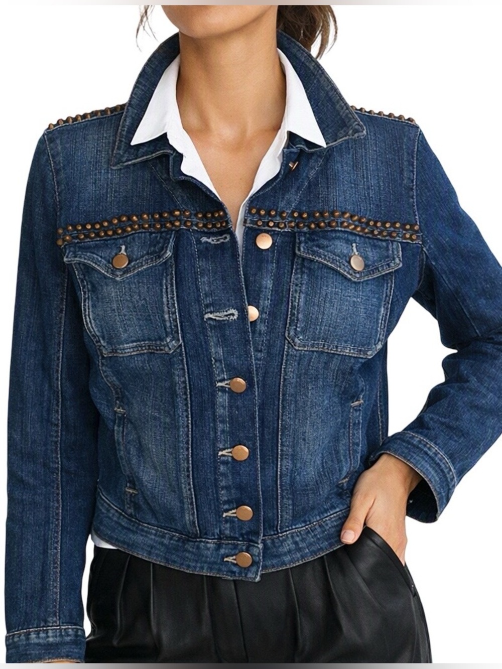 Guess Premium Denim Jacket Los Angeles Grommet Embellished Medium Blue Wash M